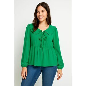 Bright Green Tie-Front Ruffle Collar Blouse Long Sleeve Top Women’s Size L